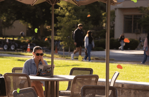 Student uses laptop outside