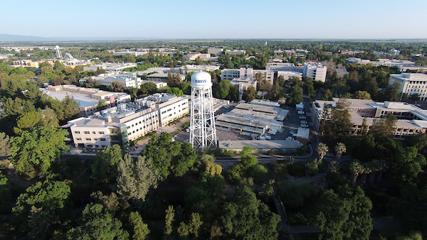 Areal view of a water tower over UCD