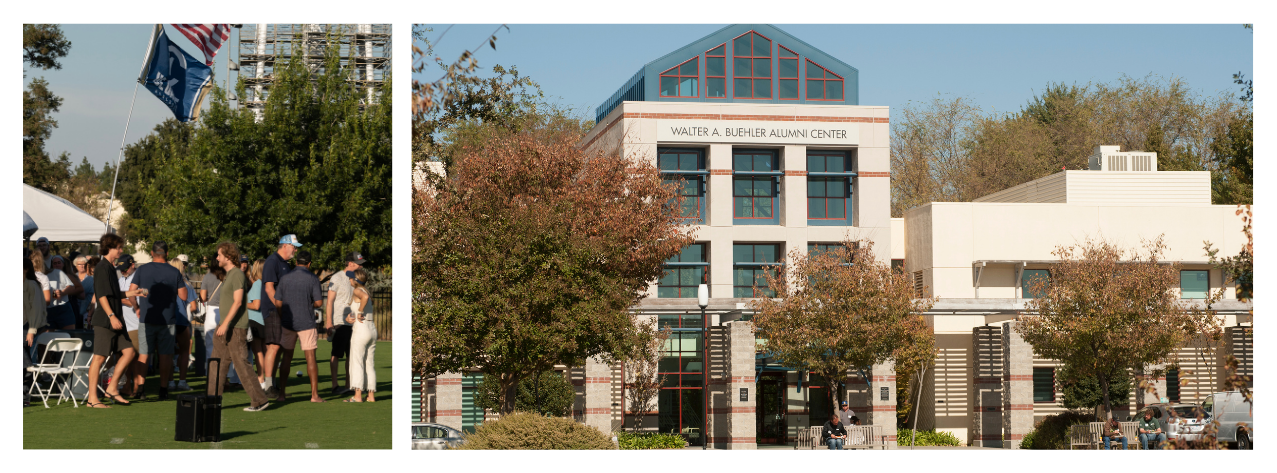 College campus building with glass atrium, fall trees and lawn festival tents with people