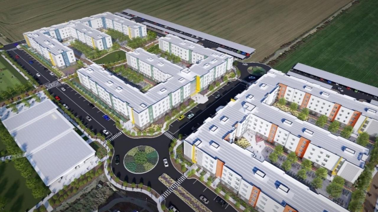 Aerial view of The Green at West Village (artist's rendering). the green at west village rendering