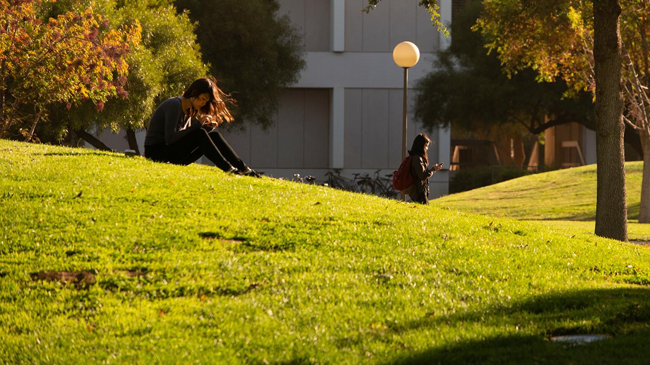 student reading on grassy hill