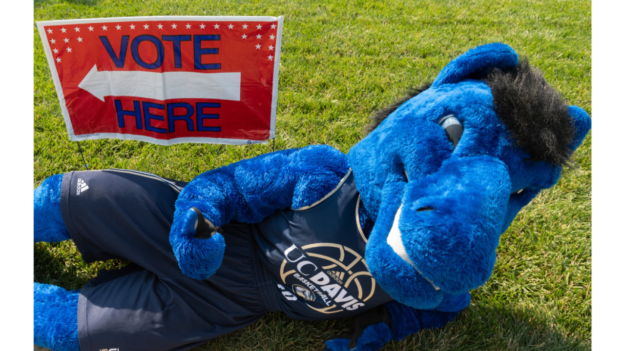 Gunrock posing with Vote Here sign
