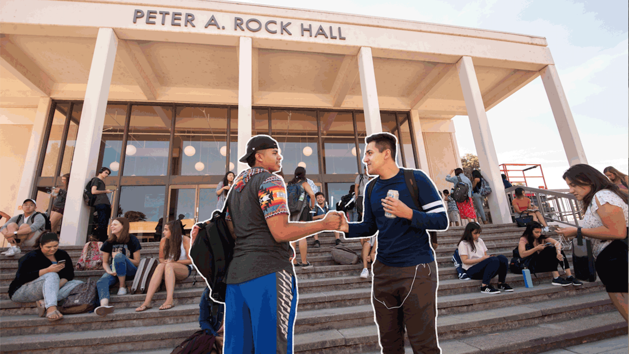 Students in front of Rock Hall