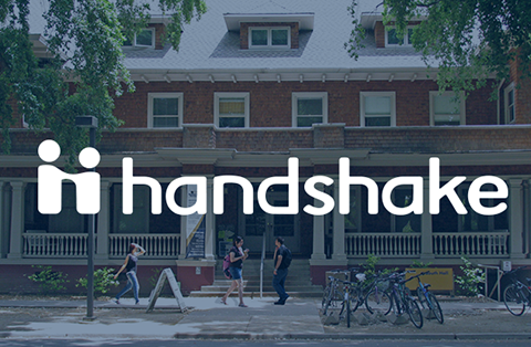 handshake logo over campus background