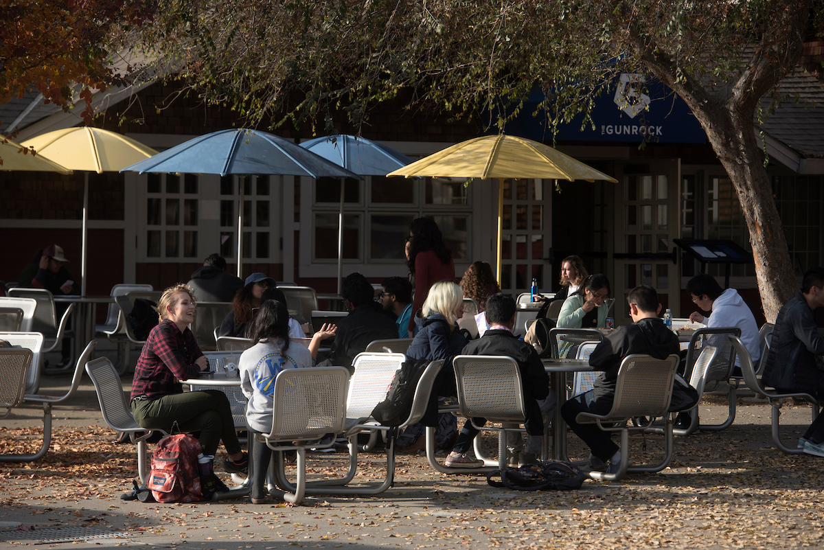 Students sit in the Silo courtyard outside of The Gunrock Restaurant