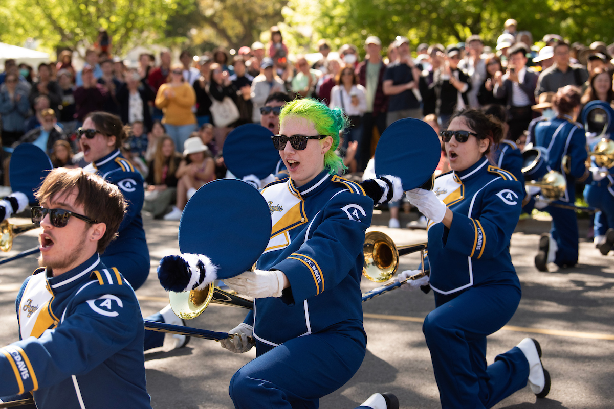 Marching band in the parade at Picnic Day, 2023