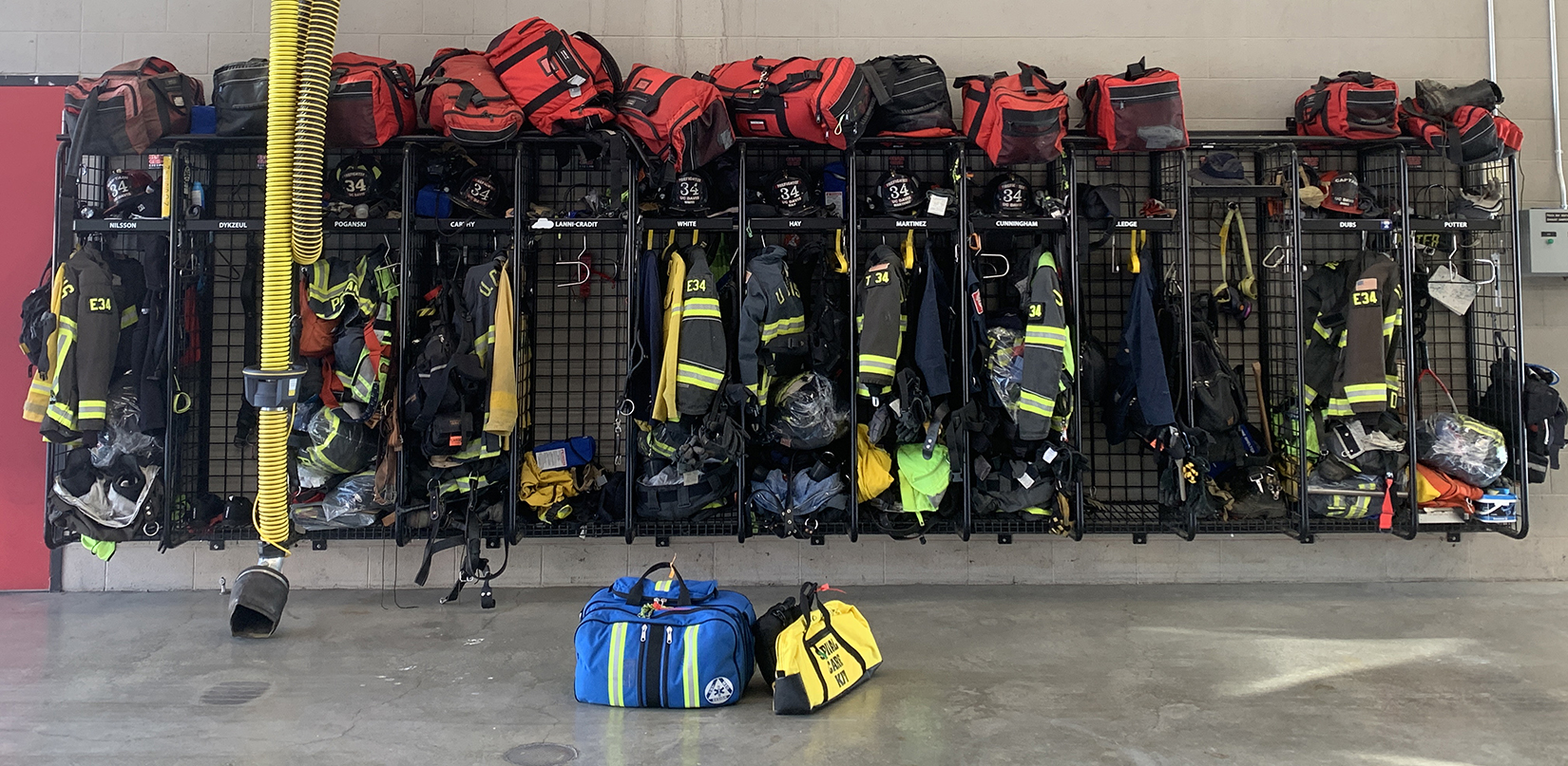 Racks of equipment in the firehouse