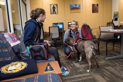 two students and a dog in the Veterans Success Center